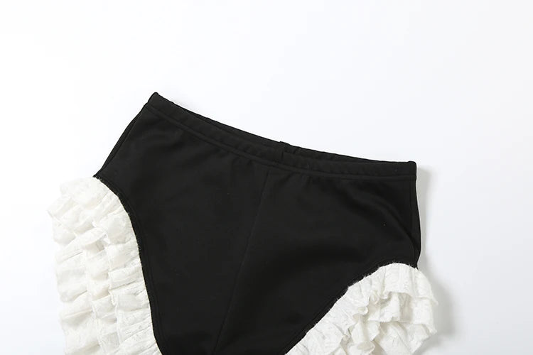 SiSterlinda-Conjunto de 2 piezas de retazos para mujer, Tops cortos con cremallera y cuello en V y manga acampanada + Mini pantalones cortos de encaje, trajes Hipster elegantes de estilo de oficina