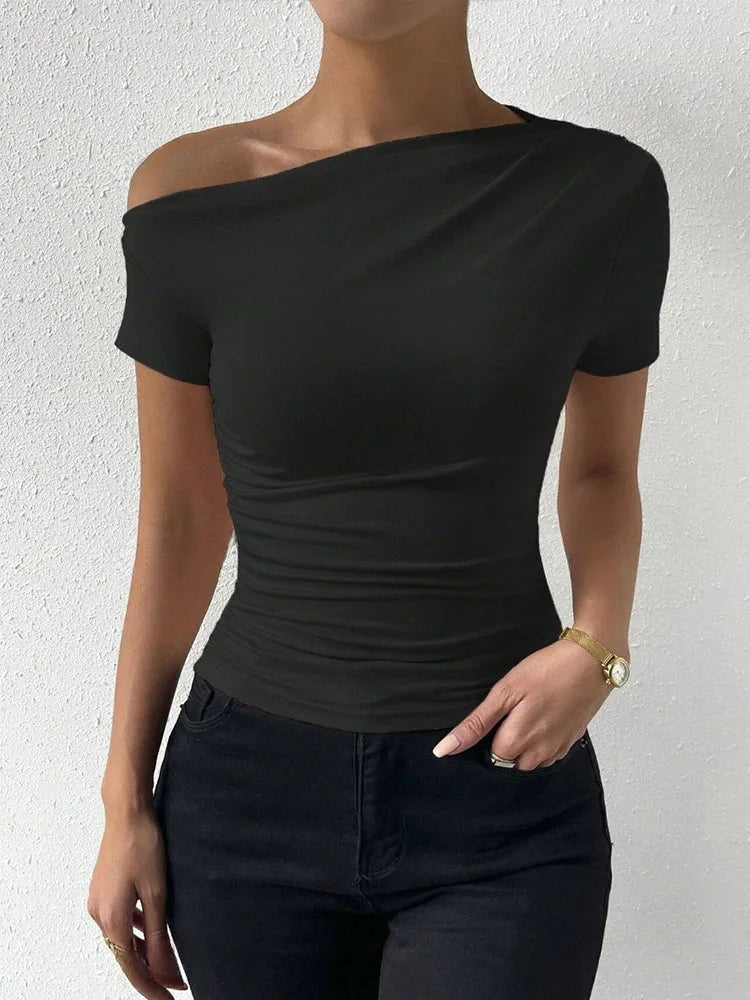 Women's One Shoulder Ruched Short Sleeve T-Shirt, Summer Fashion Casual Top, Solid Color Slim Fit T-Shirt, Streetwear 2024