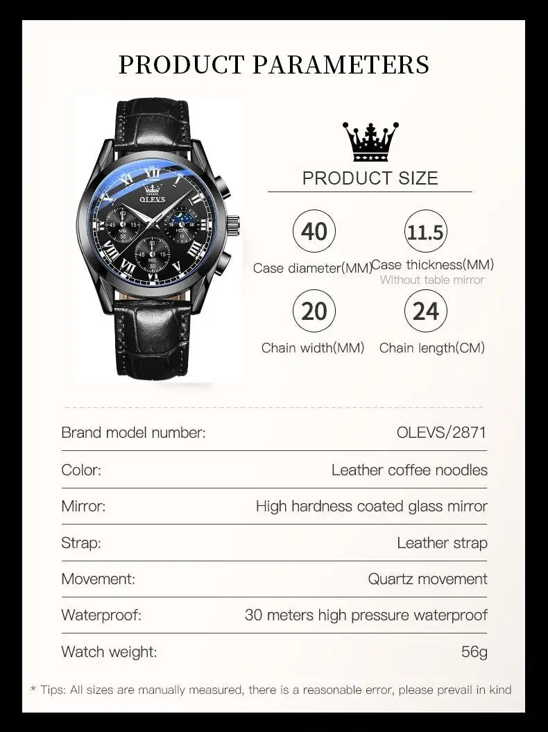 OLEVS 2871 reloj de cuarzo para hombre de la mejor marca, reloj de negocios noctilucente resistente al agua de lujo, correa de cuero, reloj de fase lunar, reloj Masculino