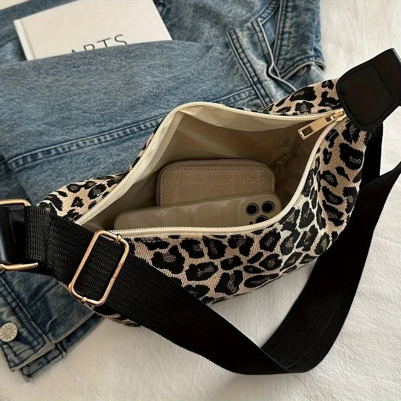 Bolso cruzado con estampado de leopardo para mujer, elegante bolso pequeño de nailon duradero con cómoda correa ancha para ir de compras, oficina, viajes