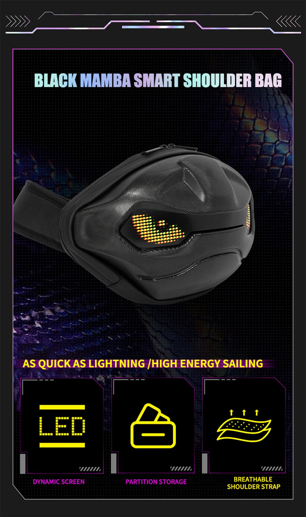 Bolso de Ciclismo Estilo Gargoyle Gris con Pantalla LED, Control por Aplicación, Resistente al Agua, Pantalla Dinámica, para Viajes