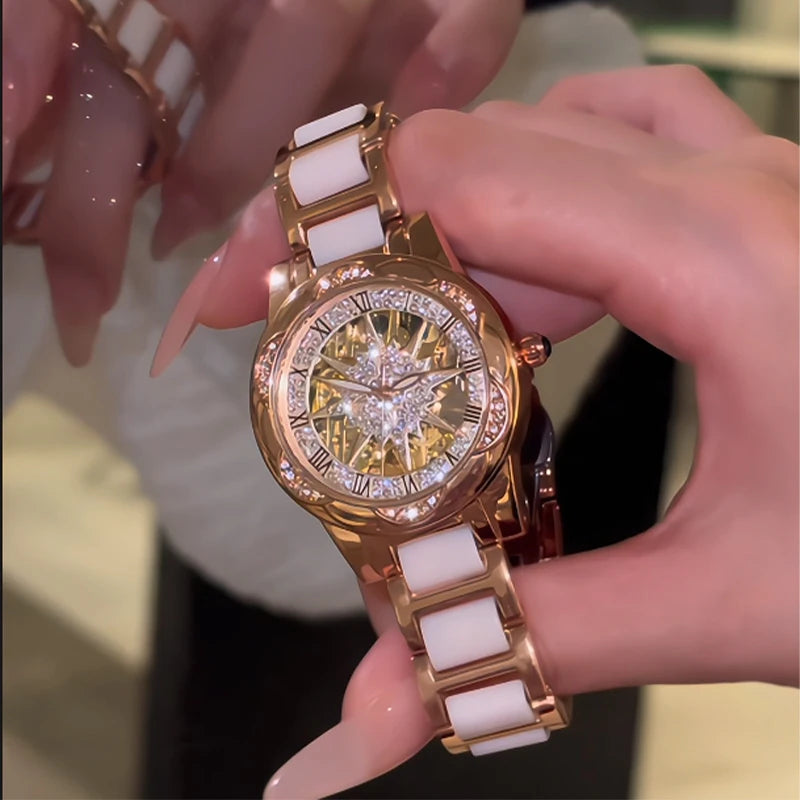 Reloj de Mujer Elegante 2026, Relojes de Pulsera con Esfera Circular Esqueletizada, Reloj de Cuarzo con Diamantes para Mujer, Relojes de Lujo de Moda para Novia