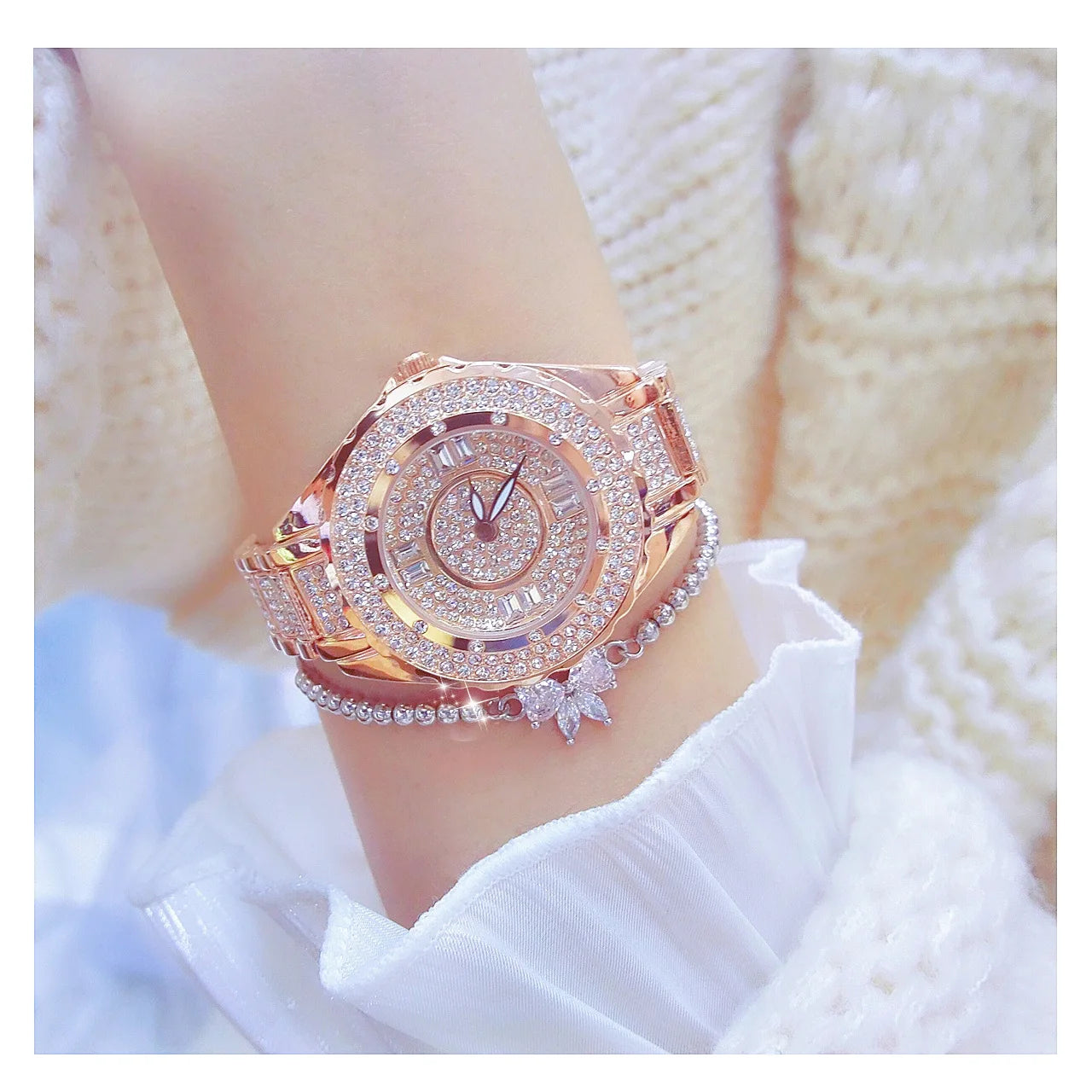 2025 relojes de diamantes de cristal para mujer, reloj elegante Original de oro para mujer con conjunto de pulsera, regalo de oro rosa para novia y esposa