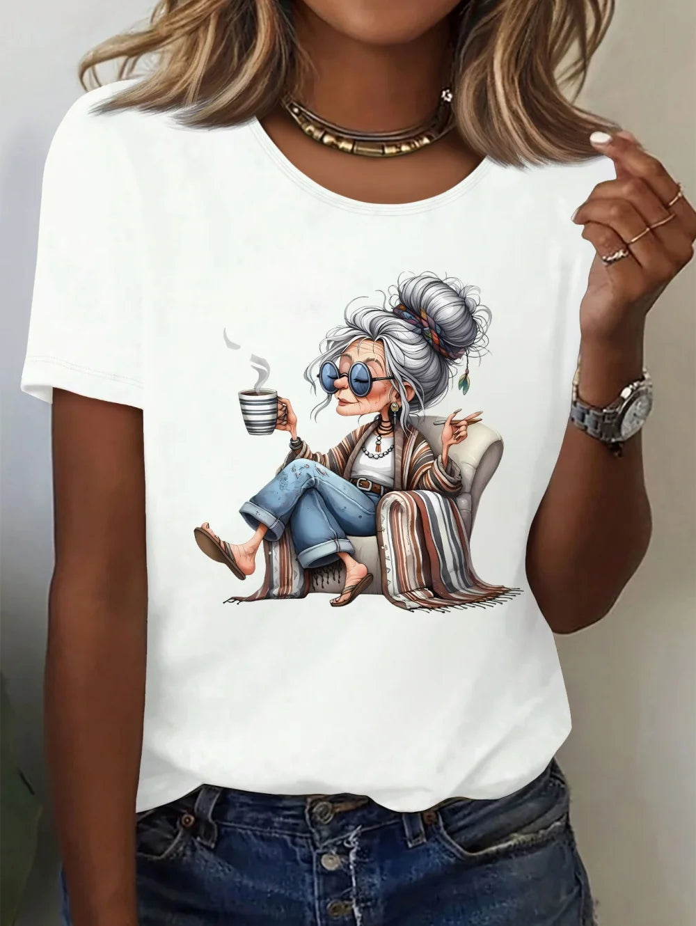 Women's Granny Graphic Print Elegant T-Shirt, Casual Summer Short Sleeve Tee, Funny Cute Crewneck T Shirts, Casual Clothes for Women