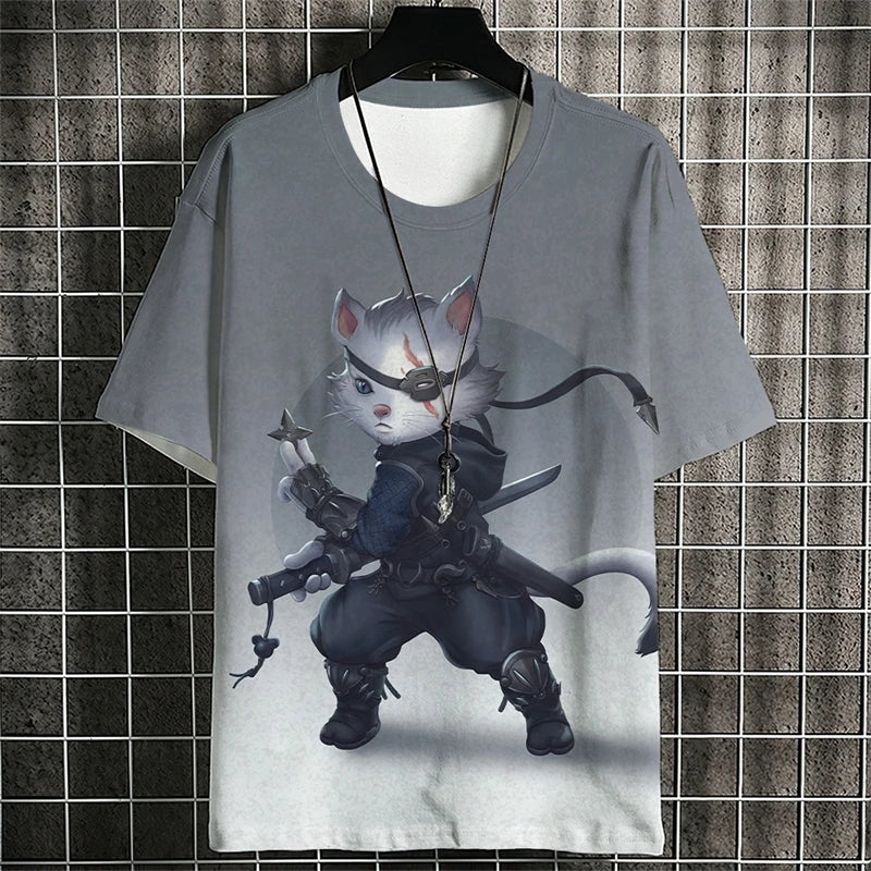 Camisetas con estampado de gato guerrero a la moda para hombre, camisetas con estampado de gato 3D y cuello redondo para verano, ropa informal de moda, camisetas Harajuku