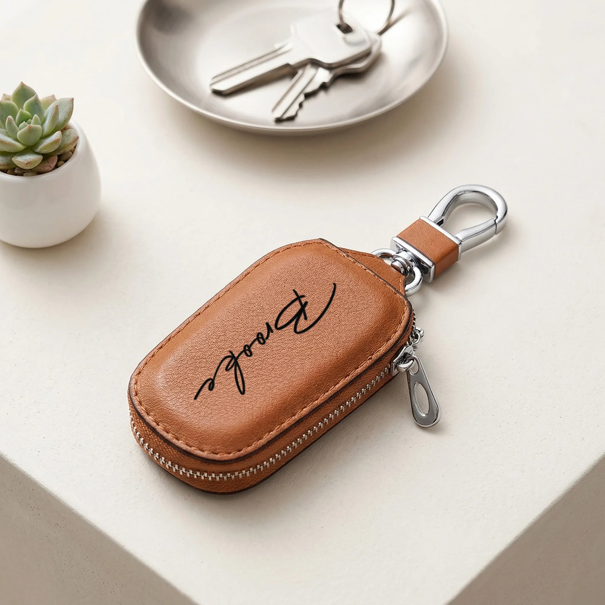 Estuche para Llaves Personalizado con Cremallera, Grabado Láser, Nombre Personalizado, Funda Creativa para Llavero con Cremallera, Cuero Sintético PU Resistente, Regalos