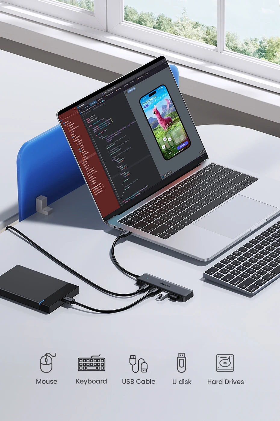 Hub USB 3.0 UGREEN 4 Puertos – 5Gbps, USB-C, Compatible con Mac, PC, Xbox, PS5