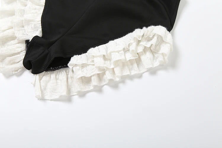 SiSterlinda-Conjunto de 2 piezas de retazos para mujer, Tops cortos con cremallera y cuello en V y manga acampanada + Mini pantalones cortos de encaje, trajes Hipster elegantes de estilo de oficina