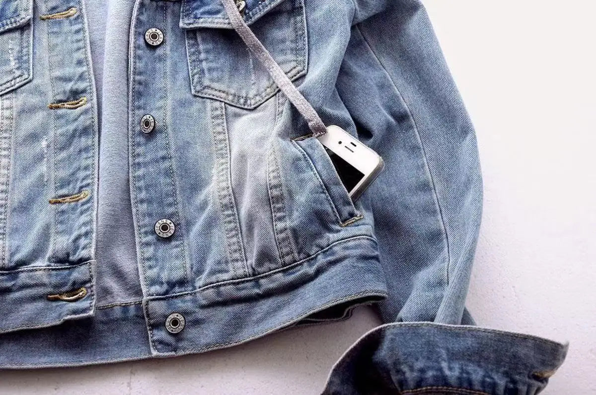 Chaqueta corta de mezclilla para mujer corta Otoño Invierno coreano de manga larga delgada con capucha versátil