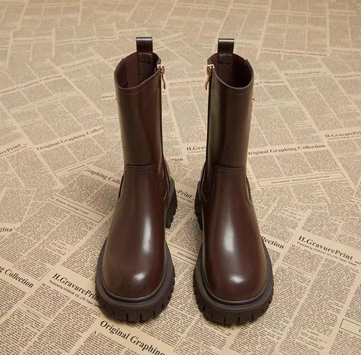 Botas medio altas para mujer, zapatos Chelsea con punta redonda a media pantorrilla para mujer, calzado marrón de tacón medio, oferta gótica de entretiempo para primavera y otoño