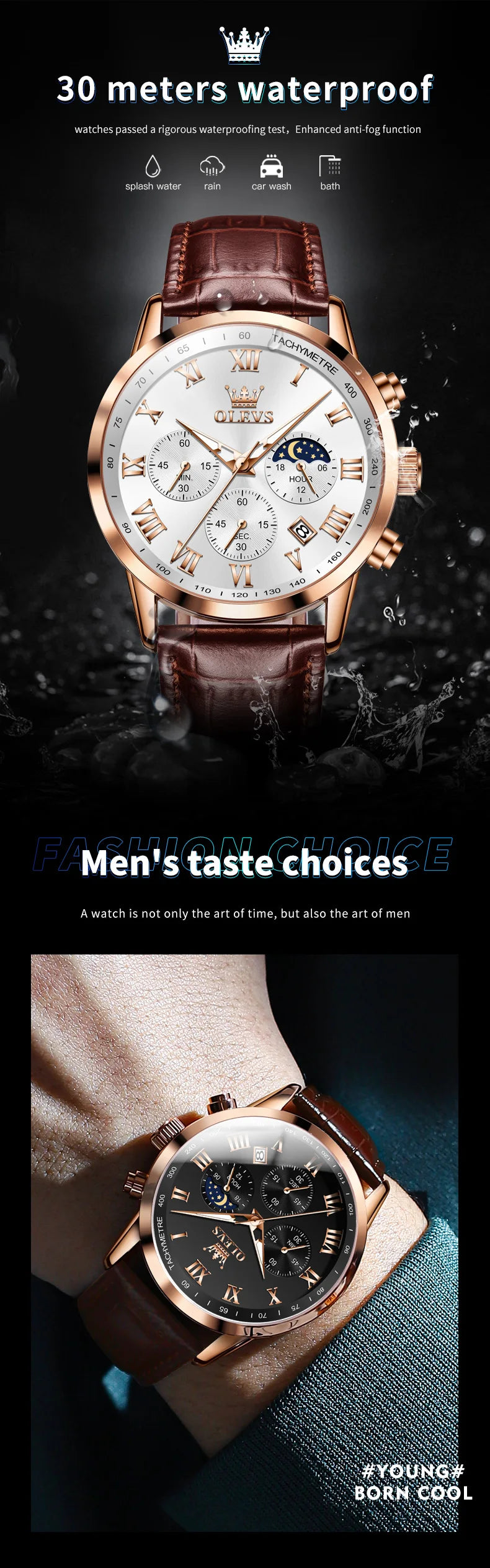 OLEVS-reloj de cuarzo deportivo para hombre, cronógrafo de lujo, resistente al agua, con correa de cuero, fase lunar, Masculino