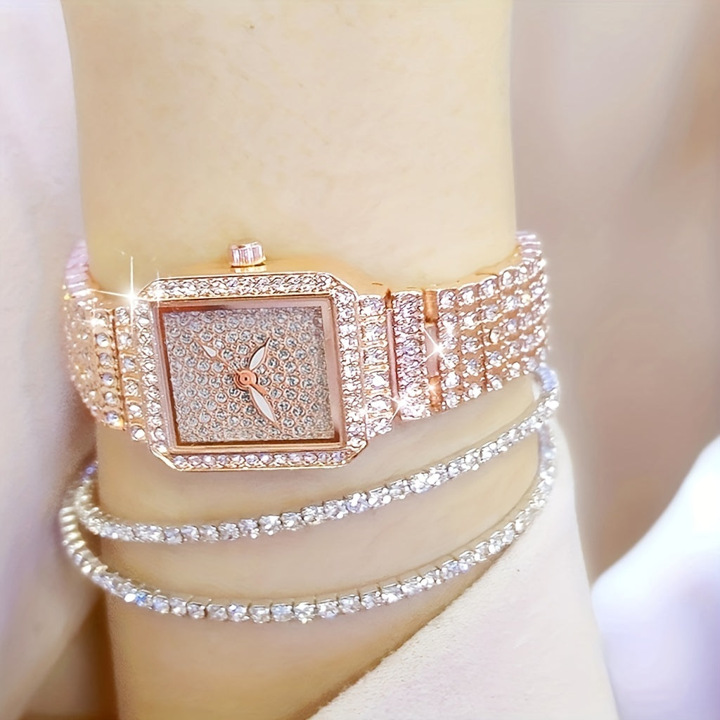 3 unids/set reloj de mujer de lujo reloj de mujer relojes de diamantes de imitación de cristal reloj de pulsera con correa de acero inoxidable de cuarzo reloj de pulsera con esfera cuadrada