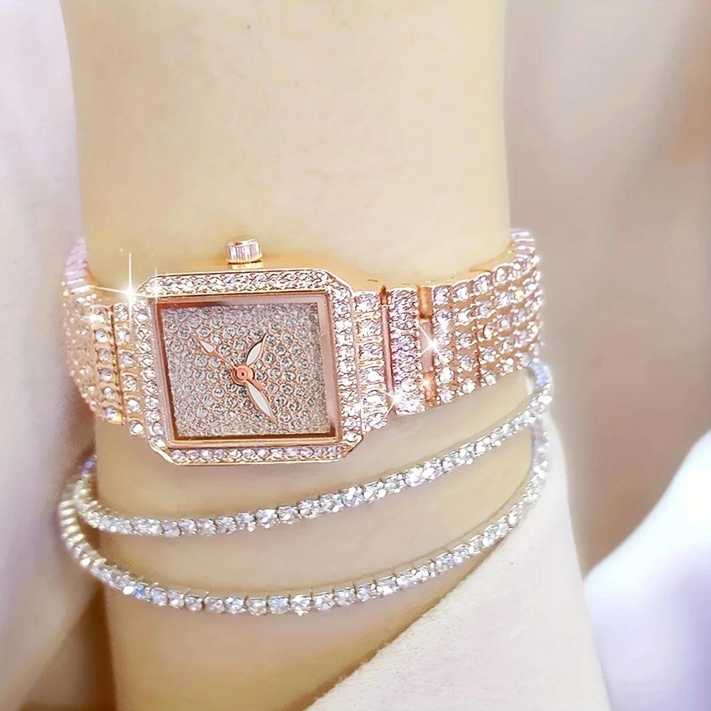 3 unids/set reloj de mujer de lujo reloj de mujer relojes de diamantes de imitación de cristal reloj de pulsera con correa de acero inoxidable de cuarzo reloj de pulsera con esfera cuadrada