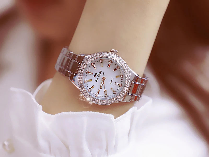 Relojes de pulsera de acero inoxidable para mujer, reloj dorado con diamantes de cristal, plateado