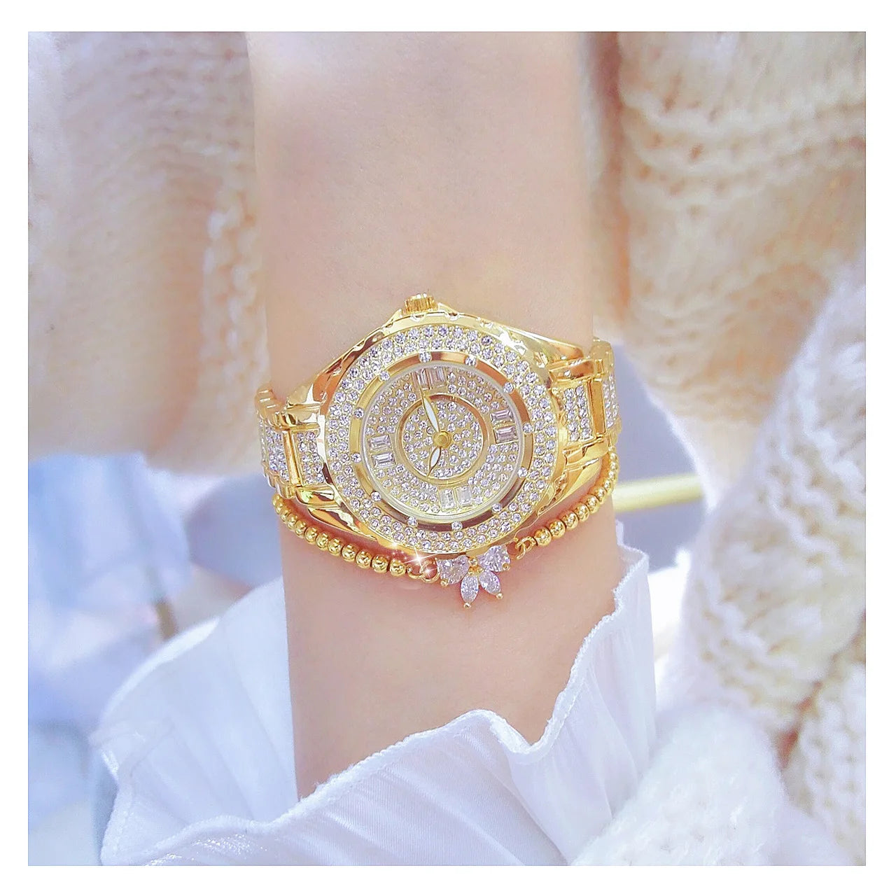 2025 relojes de diamantes de cristal para mujer, reloj elegante Original de oro para mujer con conjunto de pulsera, regalo de oro rosa para novia y esposa
