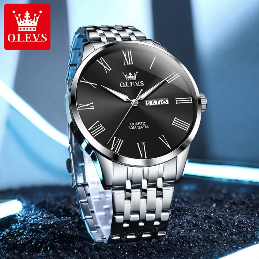 OLEVS, reloj minimalista de negocios de acero inoxidable para hombre, manecillas luminosas de lujo, calendario a escala romana, relojes de cuarzo resistentes al agua para hombre