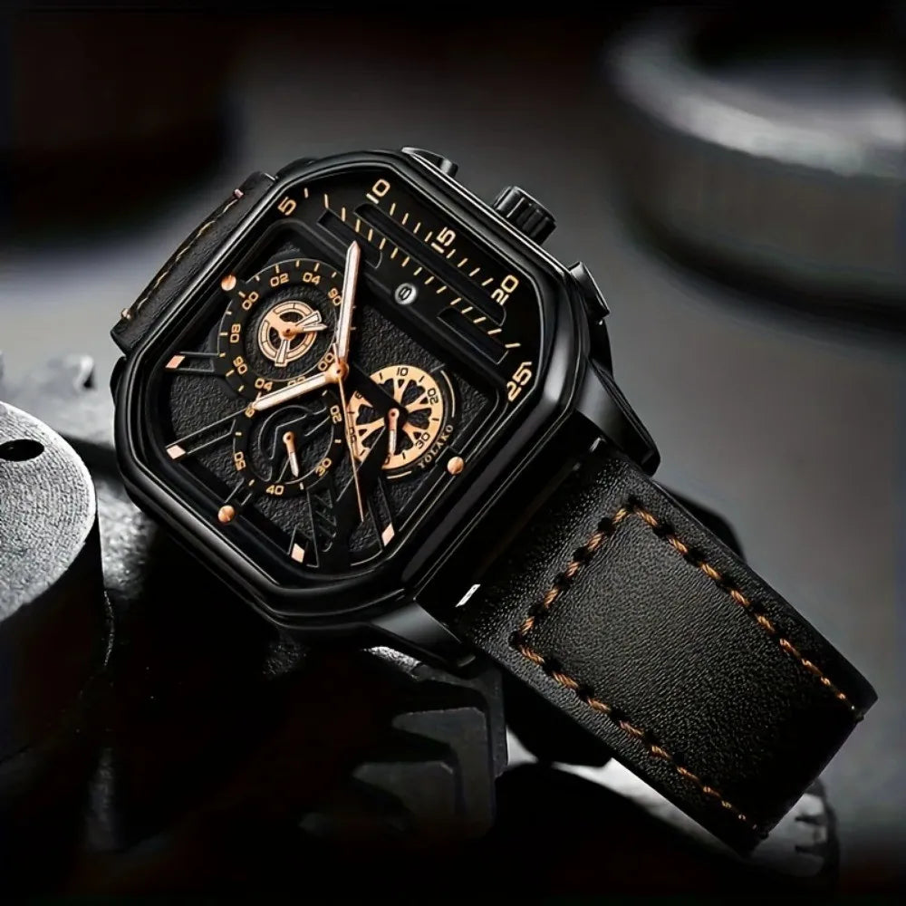 Reloj cuadrado de lujo con esfera grande para hombre, correa de cuero PU informal, relojes deportivos para hombre