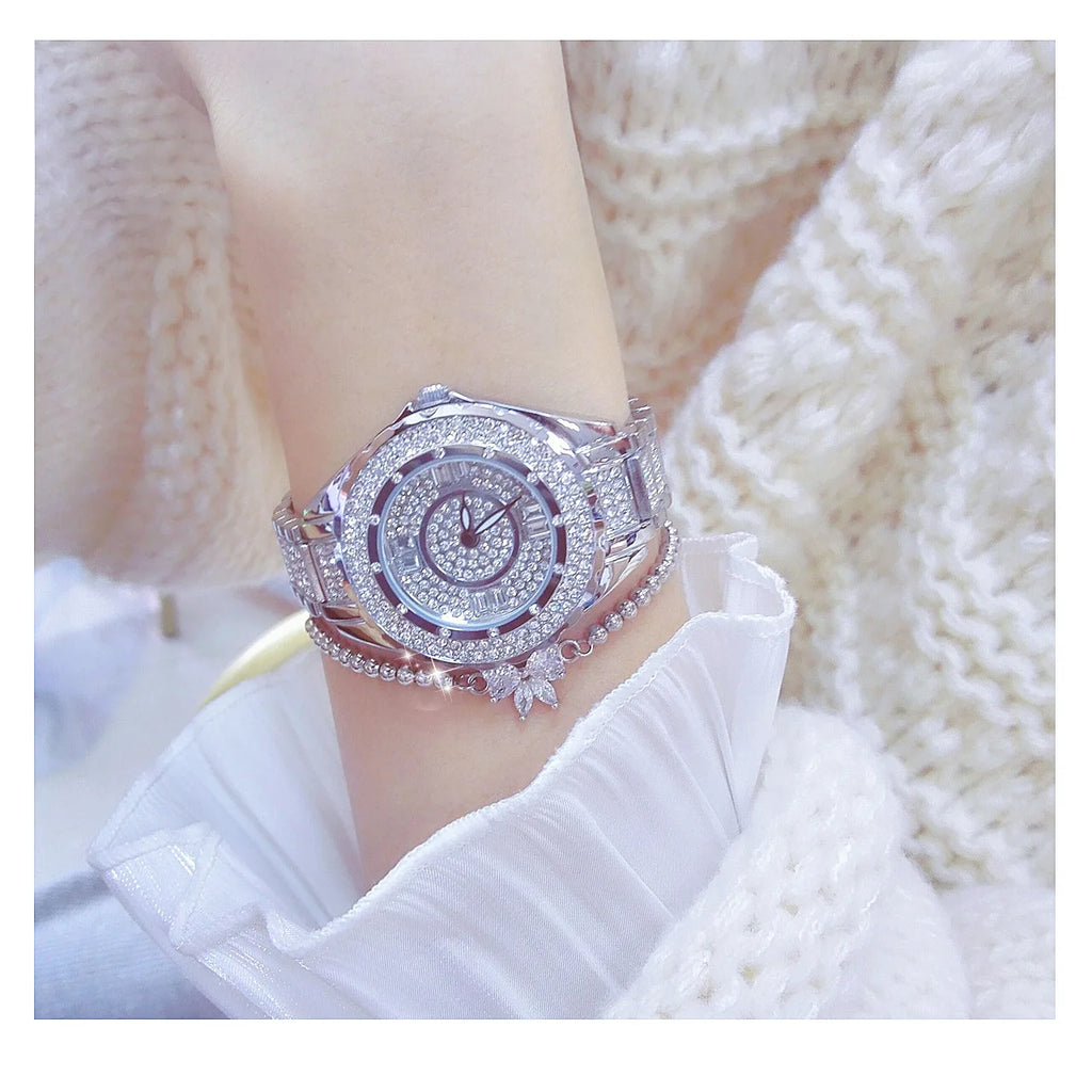 2025 relojes de diamantes de cristal para mujer, reloj elegante Original de oro para mujer con conjunto de pulsera, regalo de oro rosa para novia y esposa