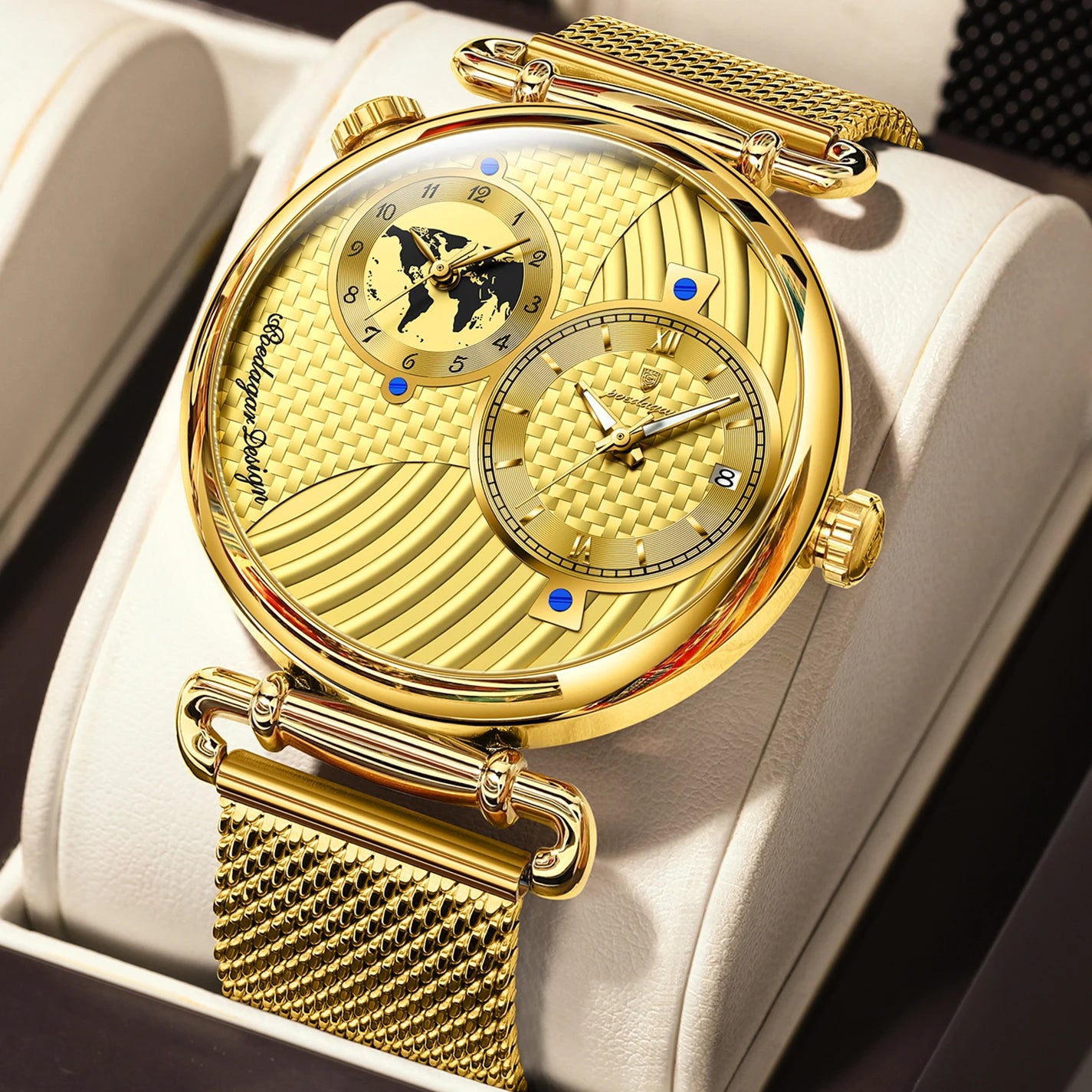 Reloj de hombre POEDAGAR de moda con doble zona horaria, resistente al agua, con fecha, deportivo, de malla de acero inoxidable, de cuarzo + caja.