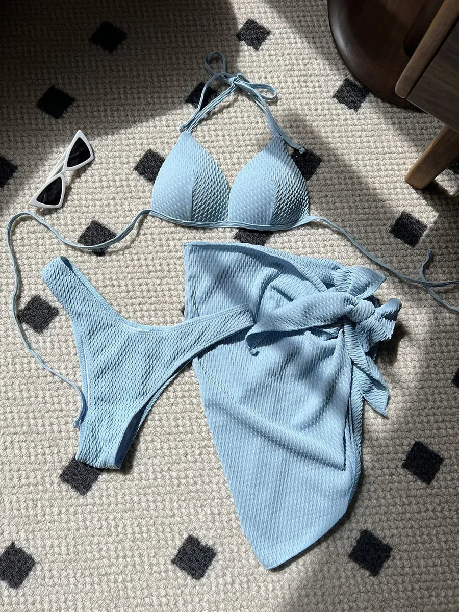Skirt, Ruched Bikini with Bra Cup, Women's Swimsuit, Women's Bathing Suit, Three-Piece Bikini Set, Push Up Swimsuit, Swimming Beachwear