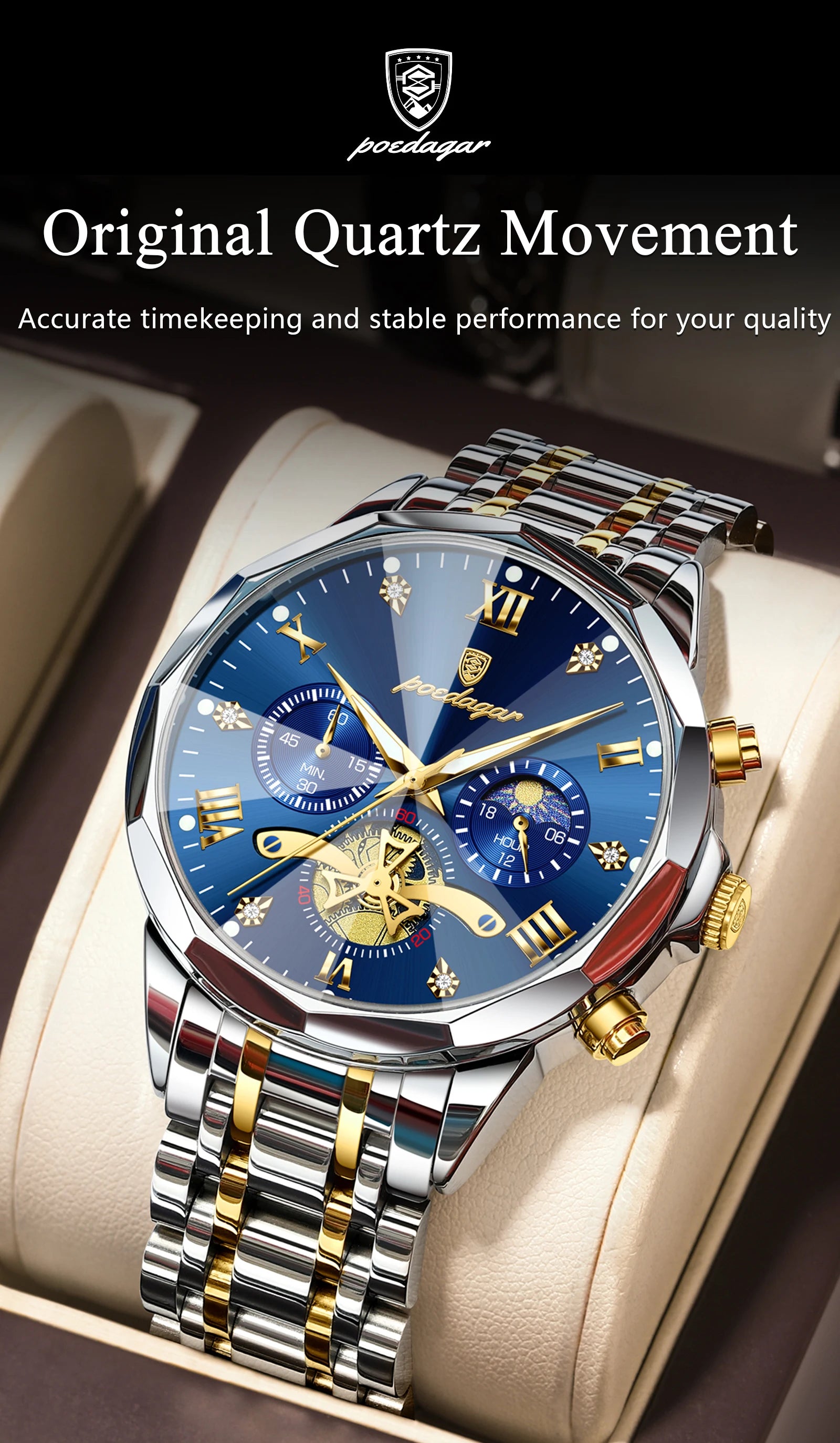 Reloj POEDAGAR de lujo para hombre, Reloj de pulsera Original resistente al agua con cronógrafo luminoso para hombre, relojes de cuarzo de acero inoxidable para hombre