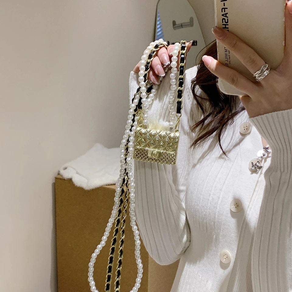 Mini bolsos de cena para mujer, caja pequeña de metal a la moda, bolso de hombro con cadena de perlas de diseñador, accesorios de ropa, bolso cruzado