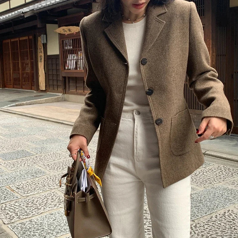 Chaqueta de traje de lana elegante coreano para mujer Otoño e Invierno Slim Fit marrón viajero abrigo de lana de gama alta Blazers ropa de mujer