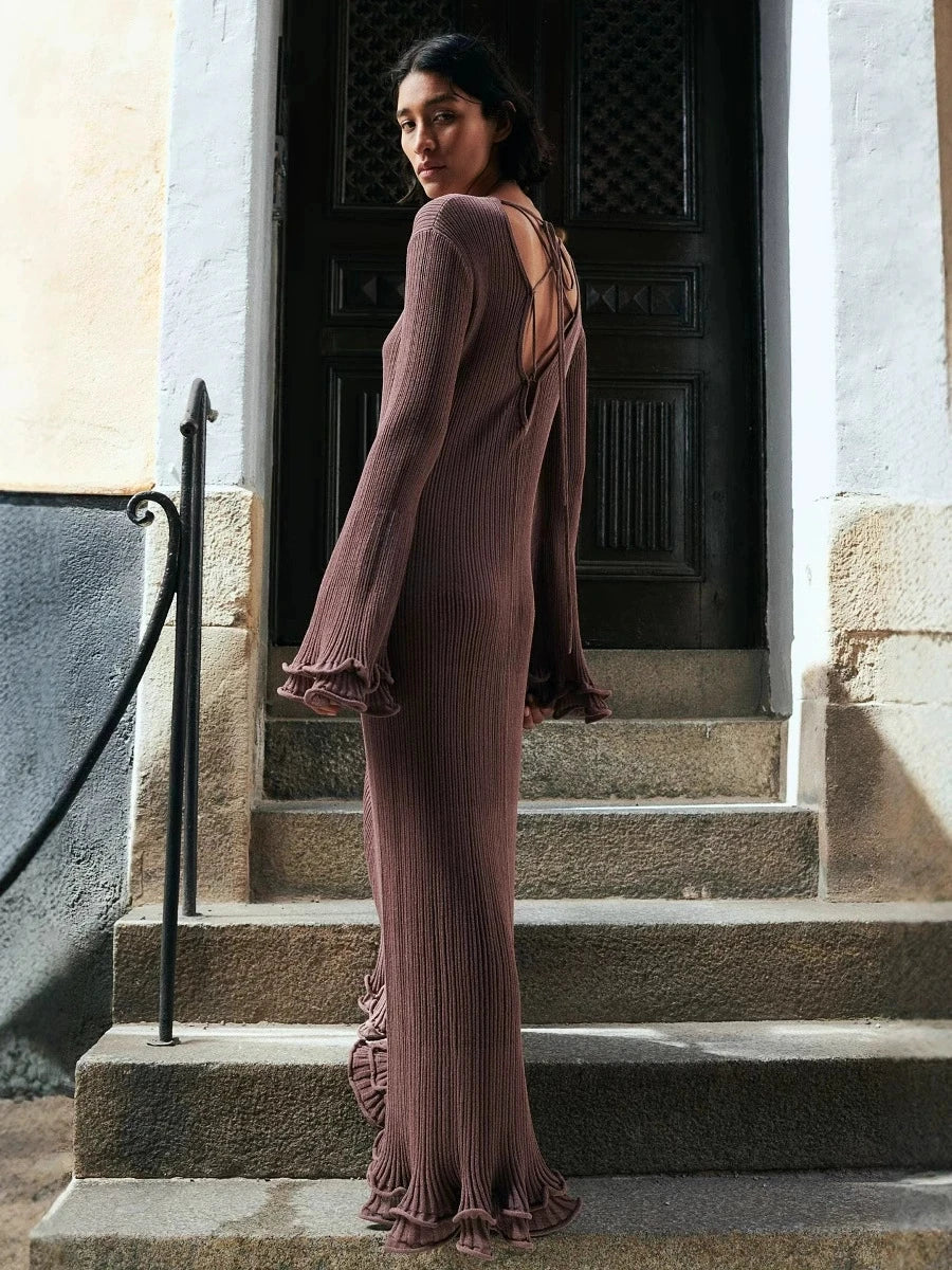 2025 elegante vestido con volantes y cordones Para Mujer, vestido acanalado de manga larga a la moda, Vestidos largos Para Mujer, Vestidos Para ir al trabajo Para Mujer