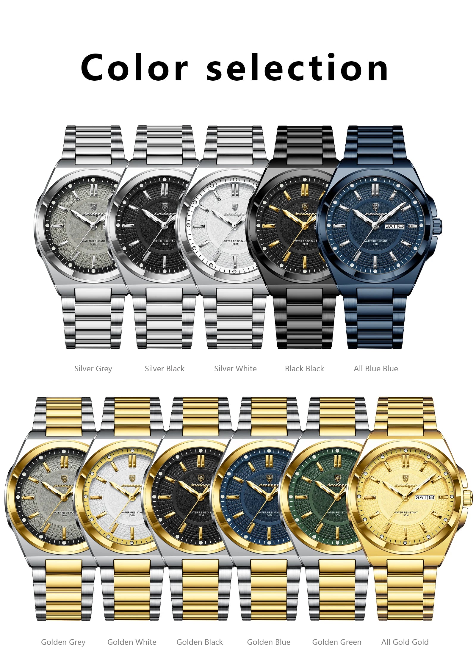 Reloj deportivo POEDAGAR Original para hombre, Reloj de pulsera de cuarzo con fecha y semana de lujo para hombre, relojes luminosos resistentes al agua de acero inoxidable para hombre