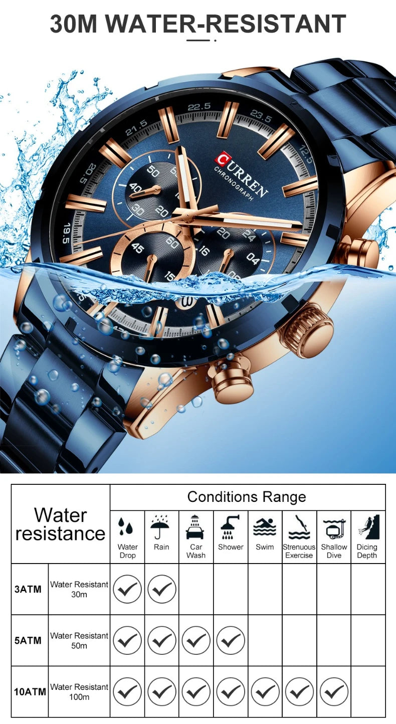 Reloj de pulsera CURREN de Cuero militar de lujo de la mejor marca, relojes deportivos informales para hombres, reloj de pulsera azul para hombre, reloj de pulsera cronógrafo de moda