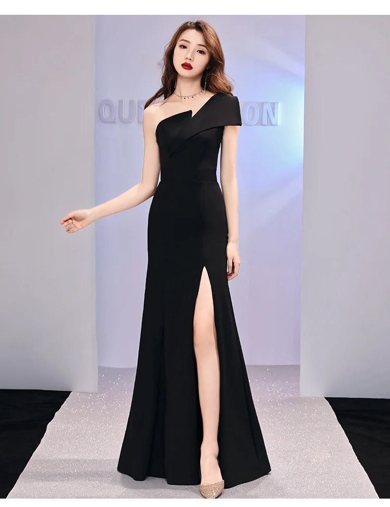 Vestido de noche de presentador, lujo ligero, vestido largo negro de un hombro de nicho, cola de pez, vestido de un hombro, mujer