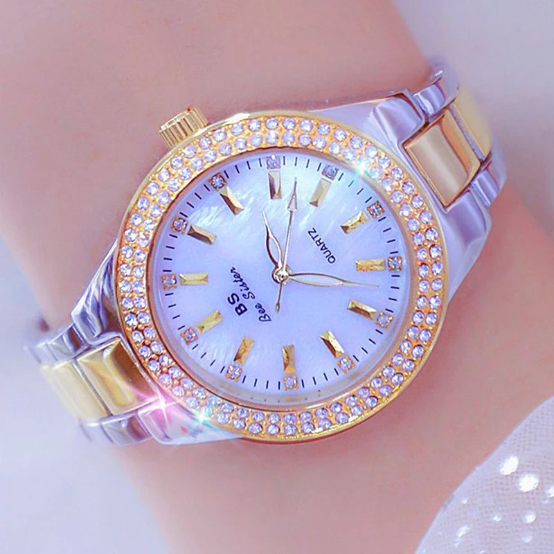 Relojes de pulsera de acero inoxidable para mujer, reloj dorado con diamantes de cristal, plateado