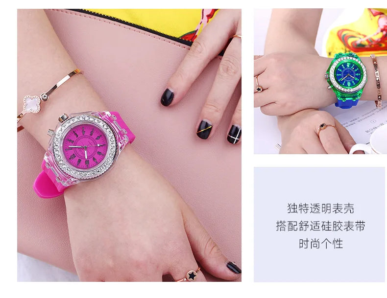 Relojes luminosos con destellos de luz LED para mujeres, hombres, niños y niñas, reloj de pulsera de silicona, reloj de diamantes de imitación a la moda, reloj para niños, reloj Saati