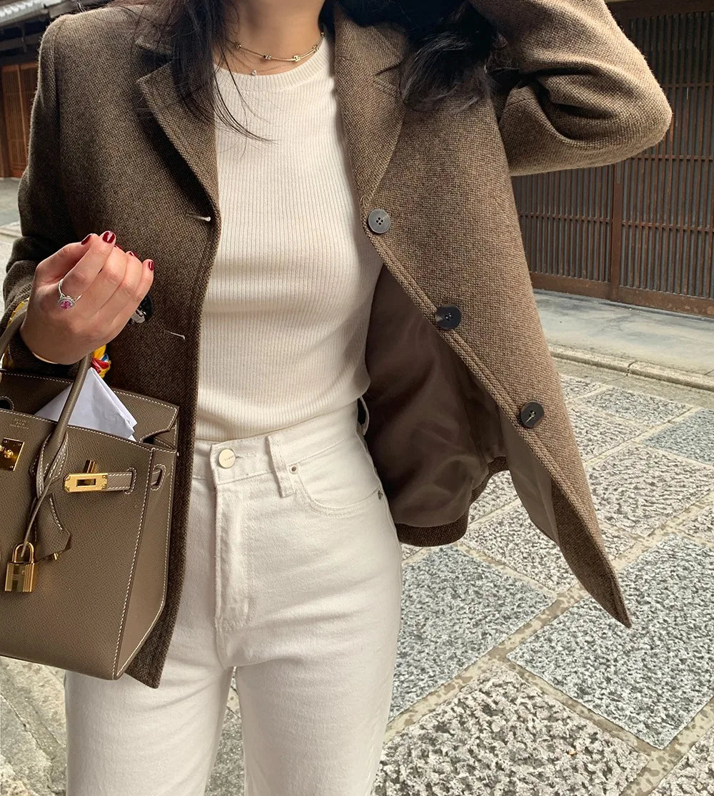 Chaqueta de traje de lana elegante coreano para mujer Otoño e Invierno Slim Fit marrón viajero abrigo de lana de gama alta Blazers ropa de mujer