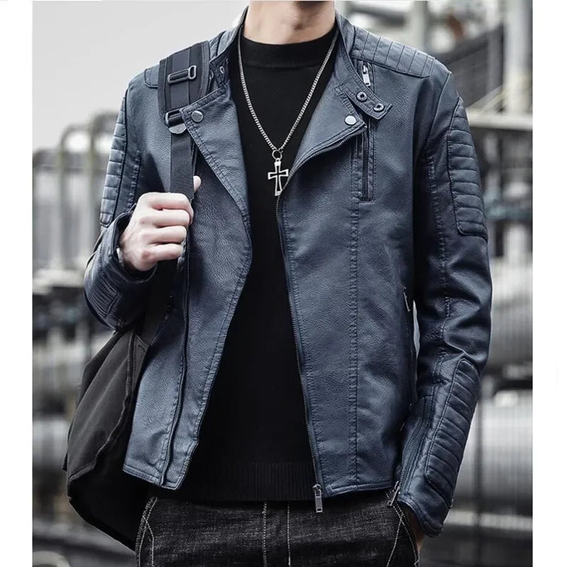 Chaqueta ajustada de marca para Hombre, abrigo de cuero negro a prueba de viento, Color sólido, moda de motocicleta, Invierno