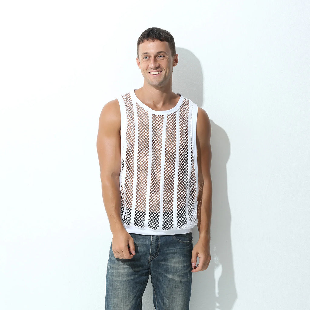 Camisetas sin mangas para hombre, camiseta interior sin mangas, chaleco hueco transparente de malla Sexy, camiseta de rejilla, camiseta musculosa