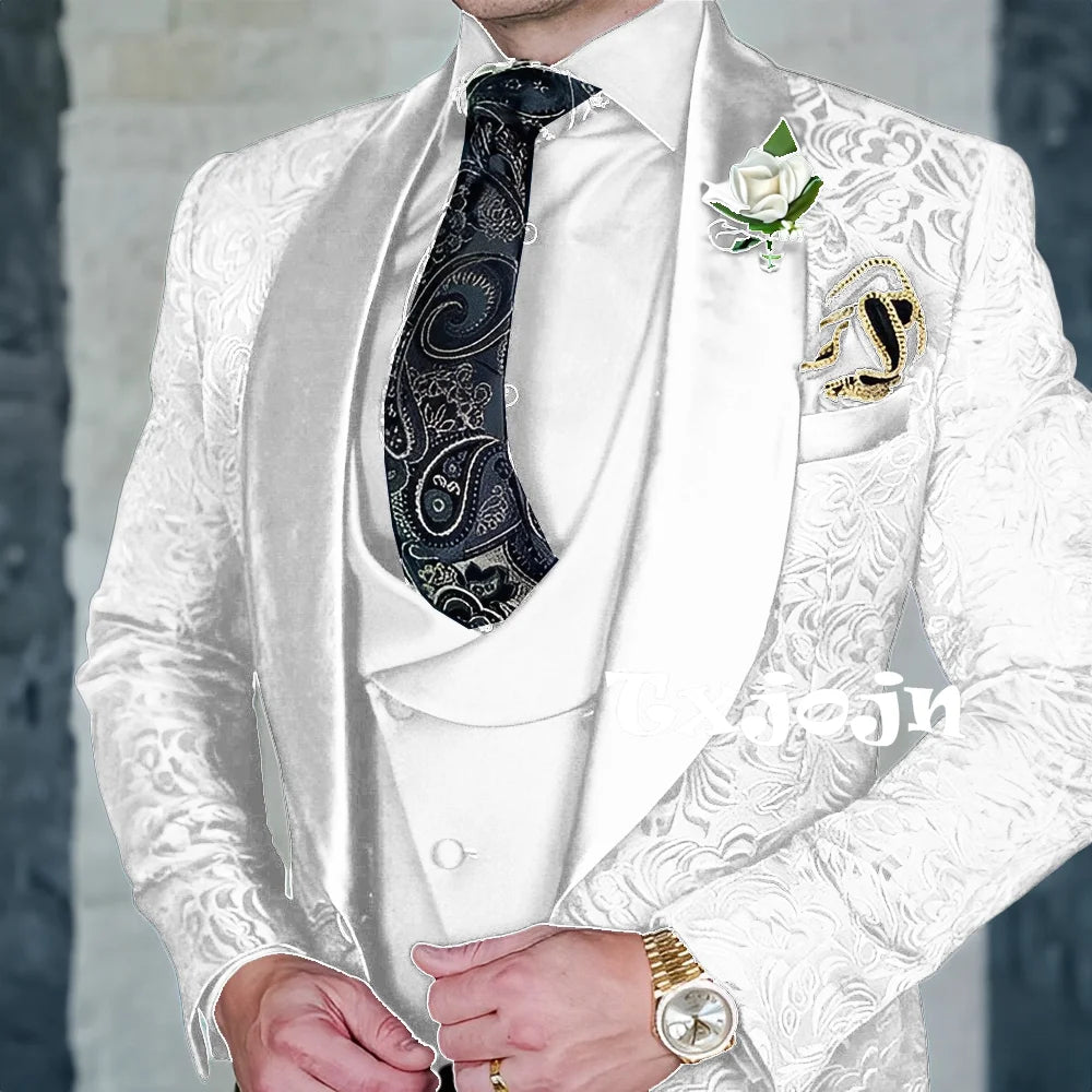 Exquisitos trajes de jacquard de 3 piezas para hombre, conjuntos de novio de boda, bonito conjunto de traje con solapa y chal, ropa de baile, esmoquin Formal para negocios