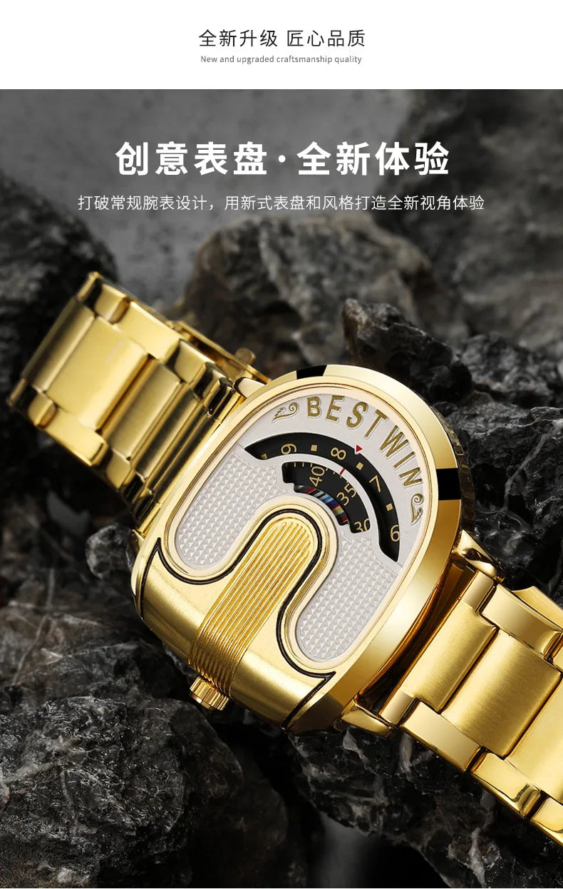 Relojes dorados de lujo para hombre, diseño único, banda de acero inoxidable, Dropship dorado, reloj masculino de alta calidad
