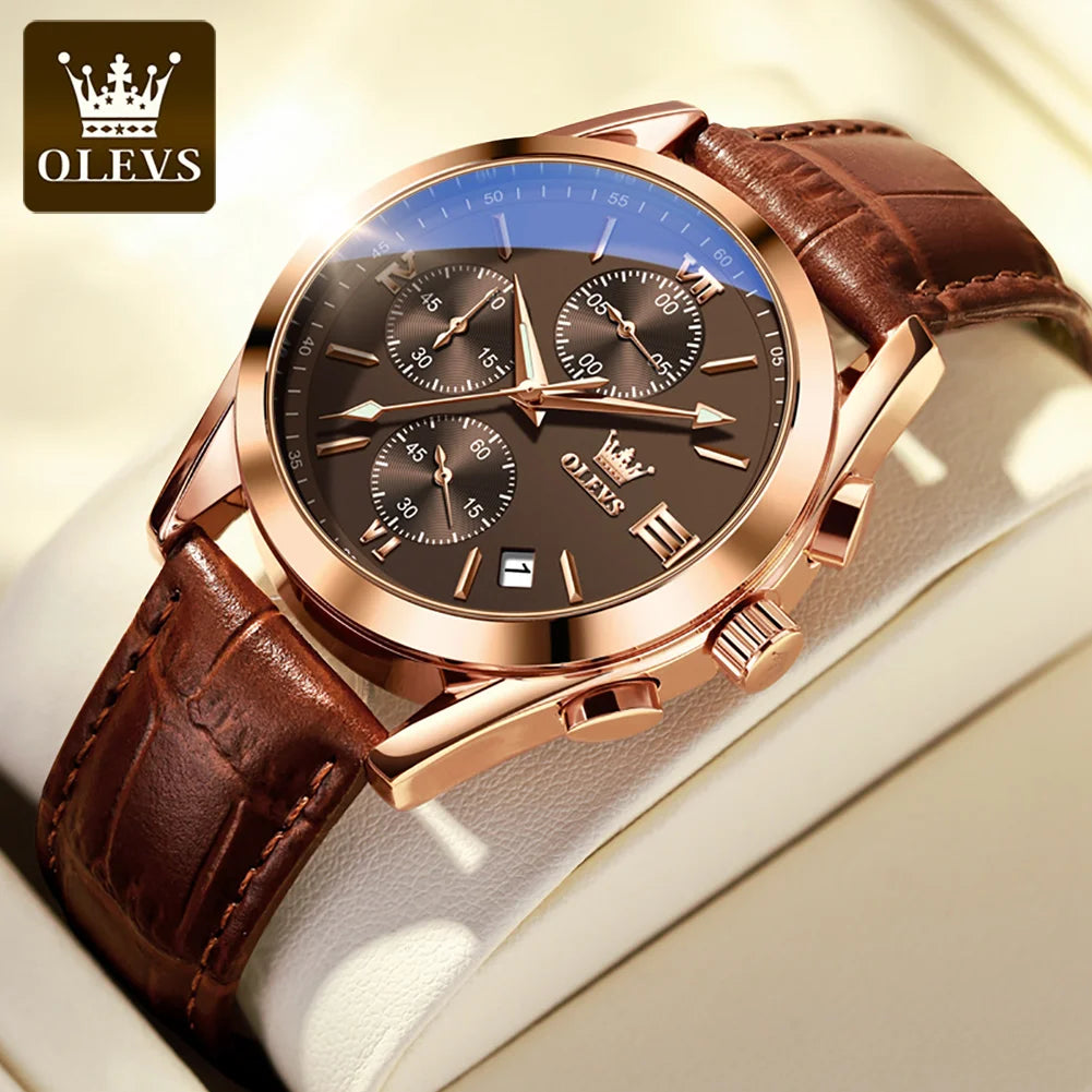 OLEVS Nuevo reloj de moda para hombre con correa de cuero marrón. Reloj impermeable con movimiento de cuarzo deportivo informal para hombre Orologio da uomo 2872