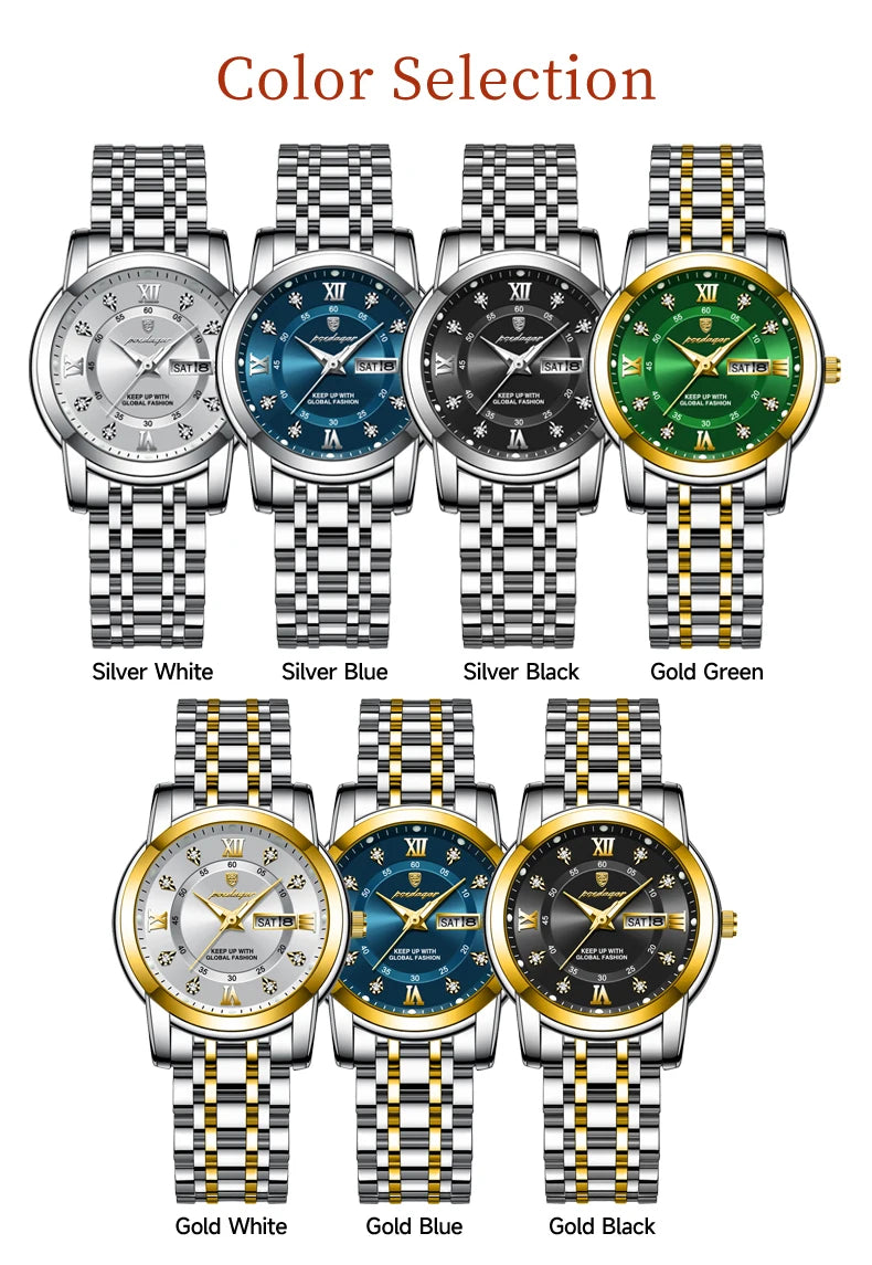 POEDAGAR, reloj de pulsera de lujo para mujer, resistente al agua, luminoso, fecha, semana, relojes para mujer, vestido elegante de acero inoxidable, reloj de cuarzo para mujer