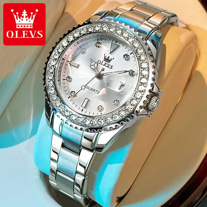 Reloj de cuarzo OLEVS Original con esfera de diamantes para mujer, relojes de moda para mujer, reloj de pulsera luminoso resistente al agua de acero inoxidable para mujer