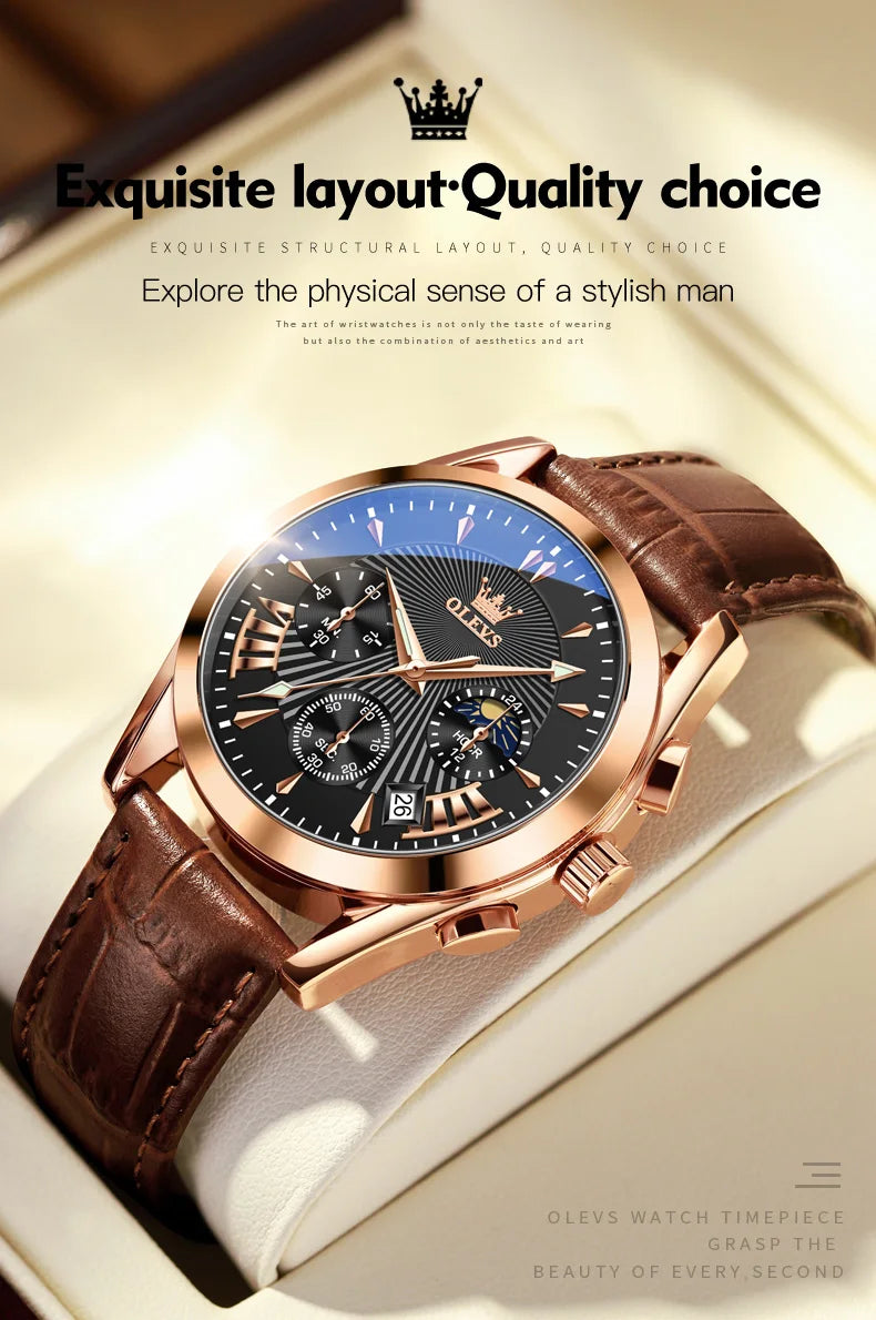 OLEVS 2876 reloj para hombre con correa de cuero reloj de cuarzo resistente al agua fase lunar luminosa relojes cronógrafo multifuncionales para regalo de hombre