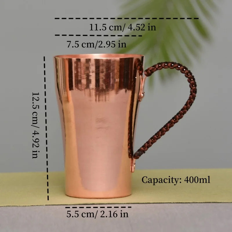 Taza de leche y cerveza de cobre puro hecha a mano, mango tejido, agua gruesa, mula de Moscú, taza de 400 ml, postre, café, vasos, regalos para parejas