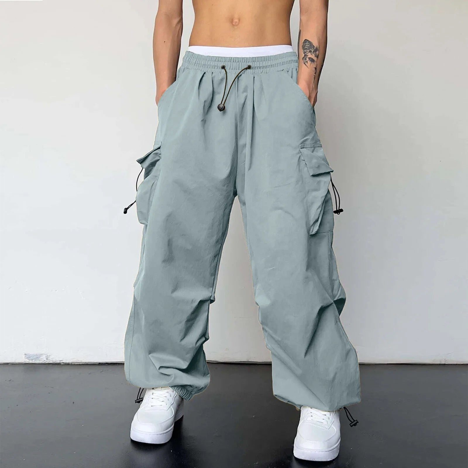 Pantalones Cargo deportivos informales para Hombre, ropa de calle con bolsillo tejido y cuerda para el pie, Pantalones sólidos, Pantalones holgados con múltiples bolsillos para Hombre