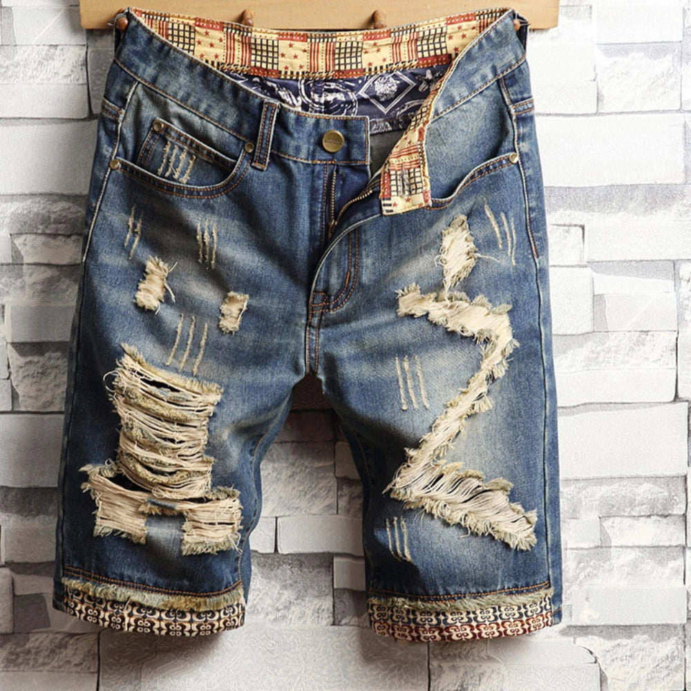 Vintage Hole Men Jeans Shorts Distressed Denim Knee Length Pockets Cuffed Patchwork Skinny Washed Ripped Punk Style Mid Waist 2024