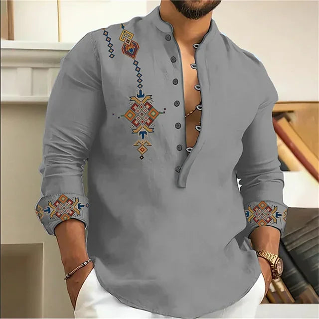 2025 Men's Shirt 15 Colors Tribe Pattern Printing Retro Geometry Leads Outdoor Street Long Sleeve Shirt Super Large Size S-5XL