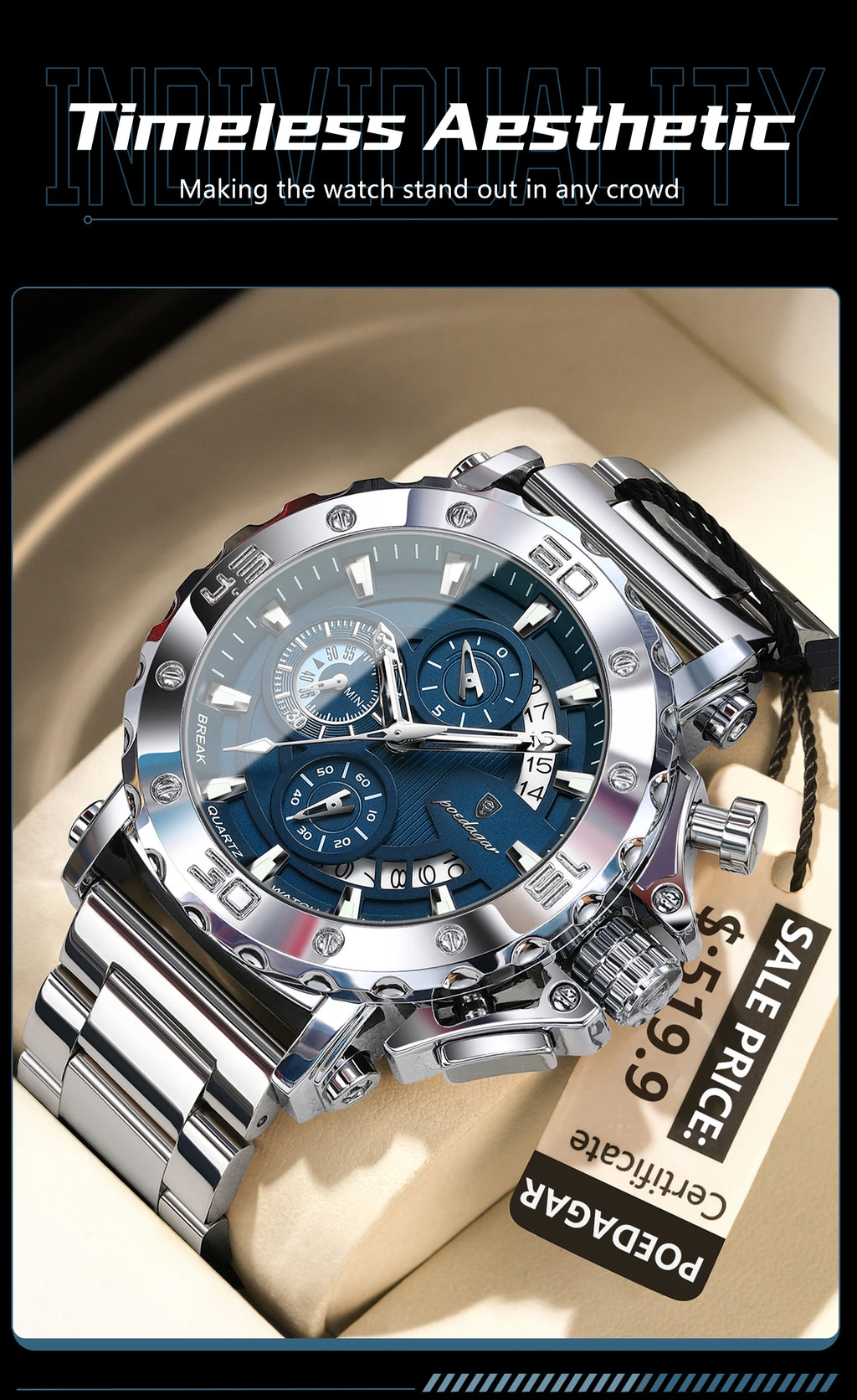 Reloj POEDAGAR de lujo para hombre, calendario luminoso, resistente al agua, Reloj para hombre, cronógrafo masculino, relojes de cuarzo de acero inoxidable para hombre