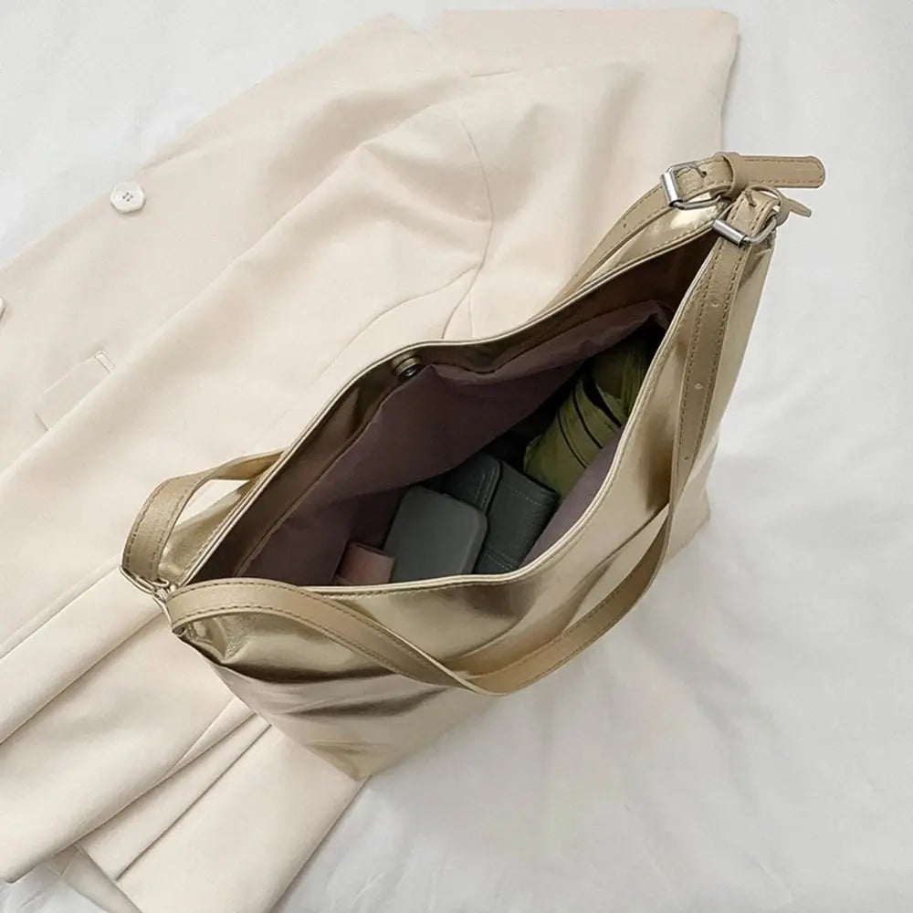 Bolso de mano con asa superior de PU para mujer, bolso de compras de diseñador de lujo, bolso de mano informal de cuero dorado plateado de alta capacidad, moda