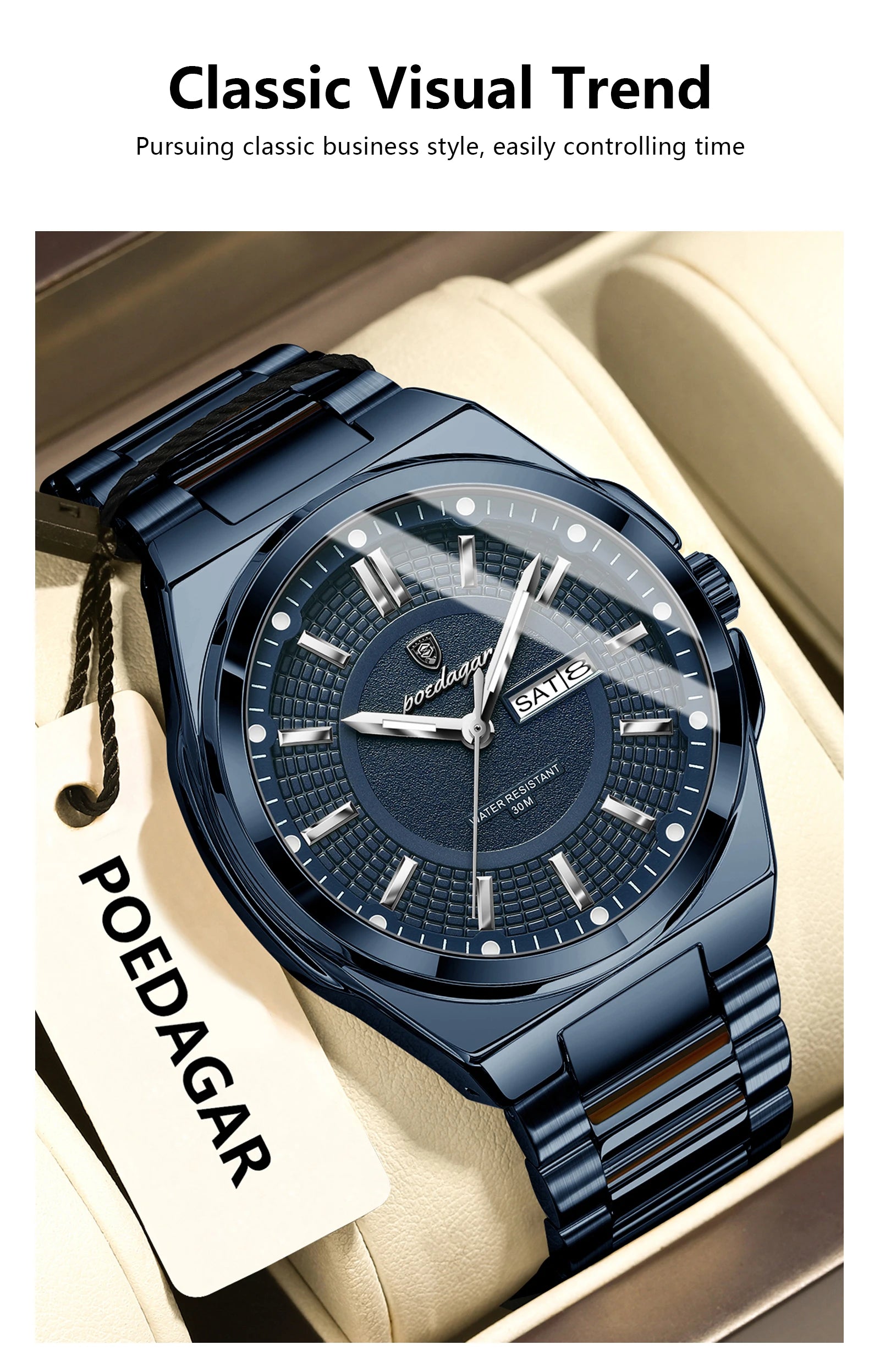 Reloj deportivo POEDAGAR Original para hombre, Reloj de pulsera de cuarzo con fecha y semana de lujo para hombre, relojes luminosos resistentes al agua de acero inoxidable para hombre