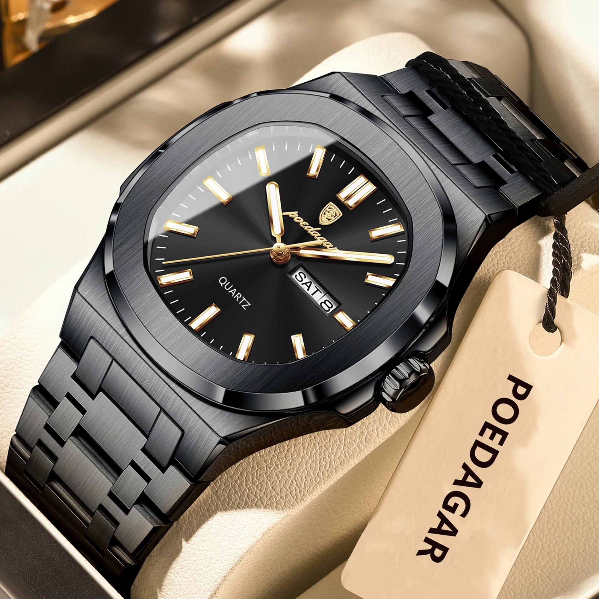 POEDAGAR, relojes cuadrados de lujo para hombre, Reloj luminoso resistente al agua con fecha y semana para hombre, Reloj de pulsera de cuarzo a la moda de acero inoxidable para hombre